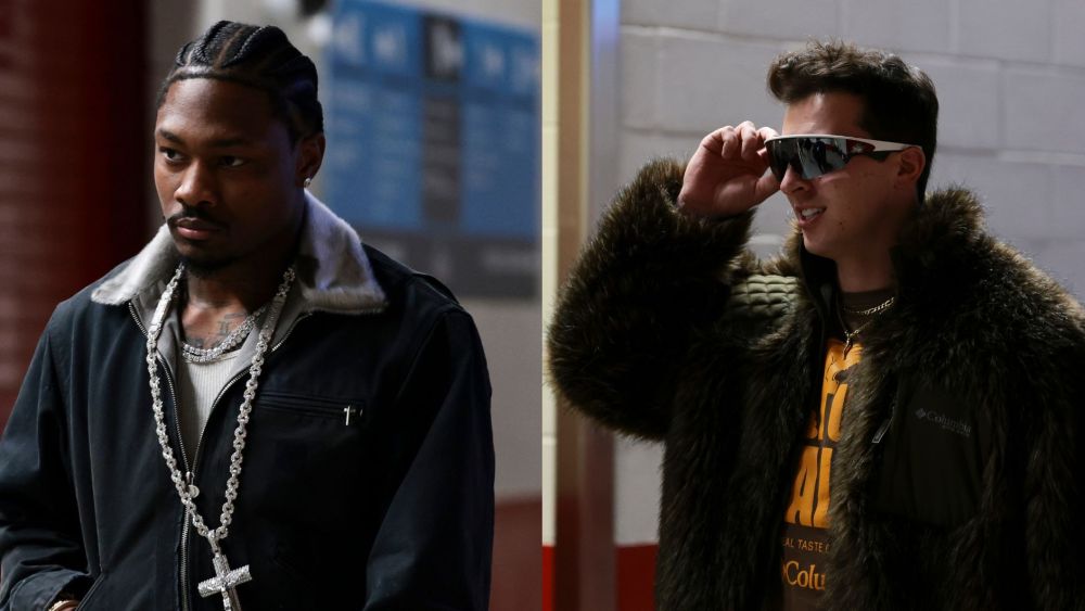 Stefon Diggs and Tommy DeVito arrive at the 2026 Super Bowl in layered tunnel fits.