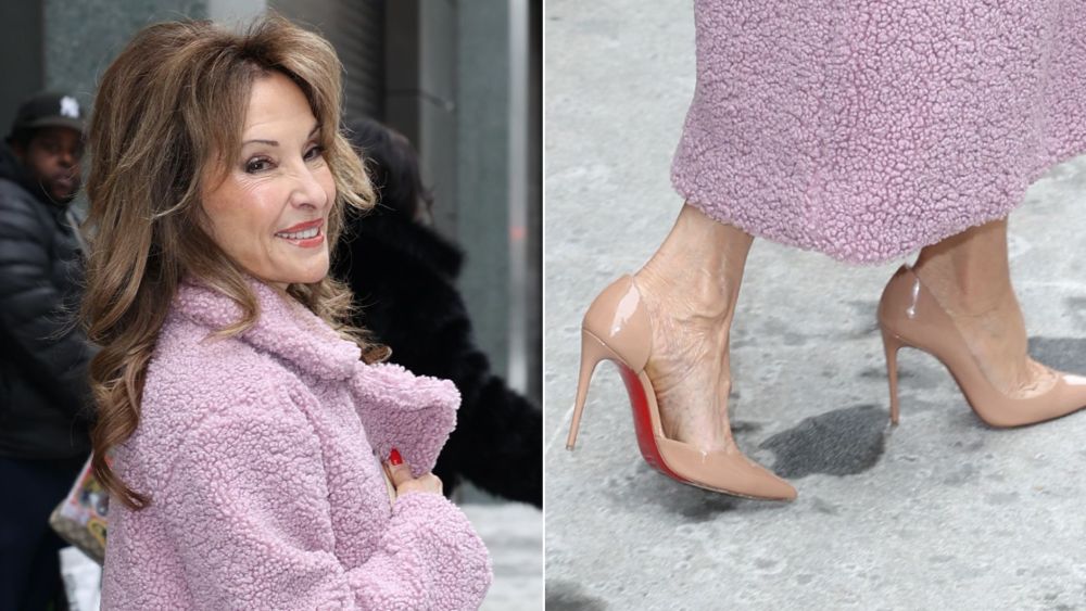 "All My Children" star Susan Lucci paired beige patent leather Iriza pumps by Christian Louboutin with a plush pink coat in New York on Tuesday.