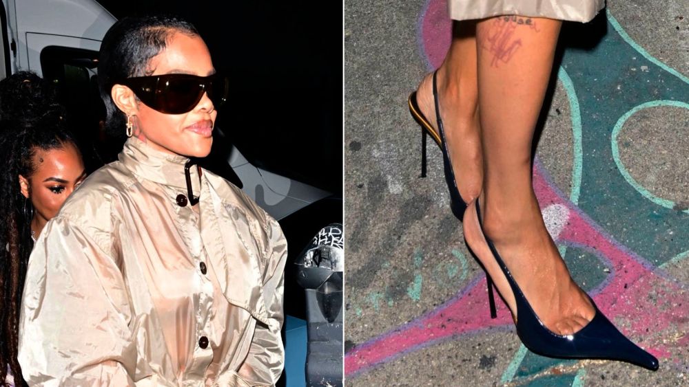 Teyana Taylor in a head-to-toe Saint Laurent look, including her patent leather Amalia slingbacks in a deep navy blue, outside of the Charli XCX and Saint Laurent Grammys After Party late on Sunday night.