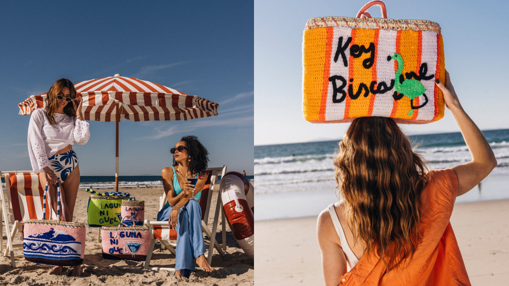 models posing next to the new ritz carlton x kilometre woven bags in a beach setting; woman holding up a key biscayne-themed beach bag from kilometre while facing the ocean