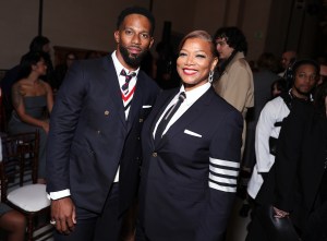 Victor Cruz and Queen Latifah at the GQ Bowl, presenting the Thom Browne Fall 2026 collection held at Legion of Honor on February 06, 2026 in San Francisco, California.