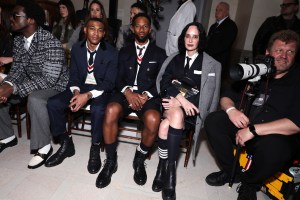 Devonta Smith, Victor Cruz and Sarah Jane Wilde at the GQ Bowl, presenting the Thom Browne Fall 2026 collection held at Legion of Honor on February 06, 2026 in San Francisco, California.