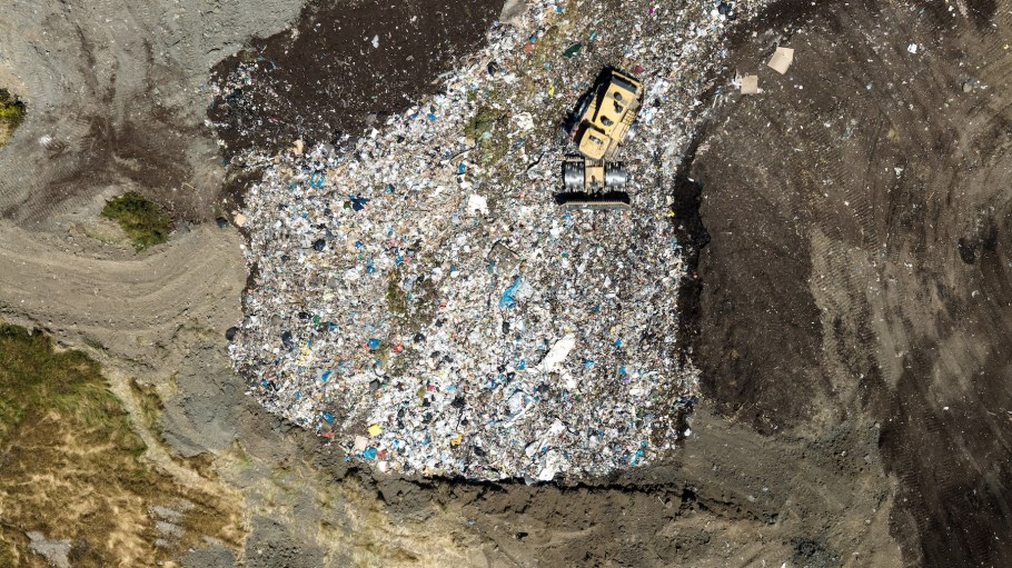 An aerial shot of a landfill in Novato on a sunny day in Marin County, California.