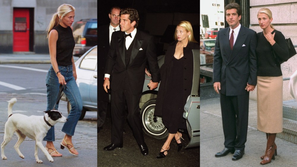 Carolyn Bessette Kennedy wearing Prada shoe styles (left and right) and a Manolo Blahnik shoe style (middle).