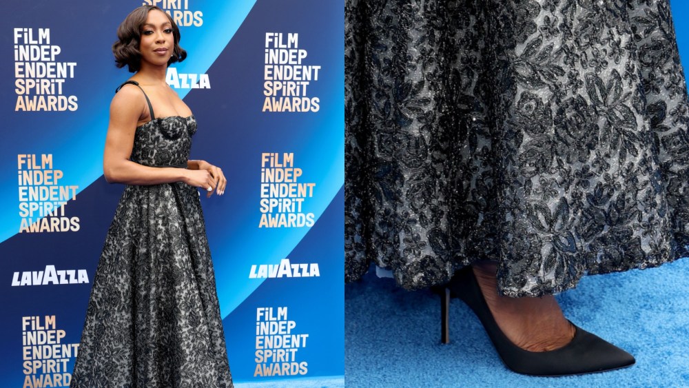 Styled by Micaela Erlanger, Ego Nwodim wore Gianvito Rossi pumps with a Giambattista Valli gown for the red carpet of the 2026 Film Independent Spirit Awards at Hollywood Palladium on Feb. 15, 2026 in Los Angeles.