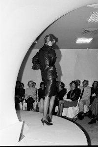 Model in Azzedine Alaia fall 1982 exclusive ready to wear debut at Bergdorf Goodman. Shoes by Maud Frizon.