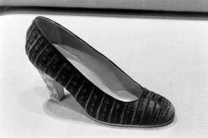 Maud Frizon animal skin pumps with cork heel, New York, 1985.