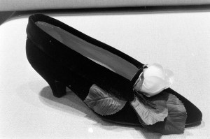 Maud Frizon suede and floral low cone heeled pumps, New York, 1985.