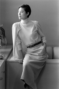 Model Ariane Koizumi wears an ensemble from the collection inside of Calvin Klein's showroom at 205 West 39th Street New York.