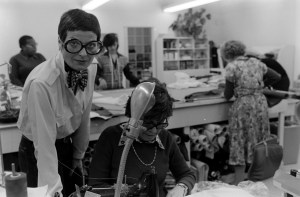 Liz Claiborne and Arthur "Art" Ortenberg are photographed working together on collection designs in the Liz Claiborne atelier