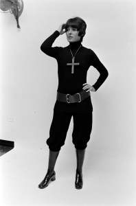 American Fashion Designer Liz Claiborne is photographed against a studio backdrop for full body portrait photography for a Women's Wear Daily article about female fashion designers.