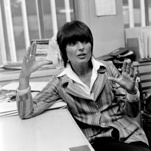 Fashion Designer Liz Claiborne is photographed giving a candid interview about her designs hitting the Fall 1971 market. At the time Claiborne was designing ready to wear and sportswear for the firm Youth Guild.