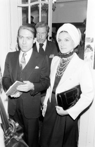 Rafael Lopez-Cambil (L) and Paloma Picasso (C) attend a special performance of the play "Cher Menteur," followed by an afterparty, in Paris, France, on October 6, 1980.