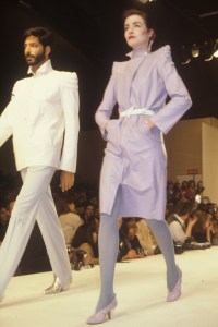Models on the runway at Mugler's Fall 1979 ready to wear fashion show. Shoes by Maud Frizon.