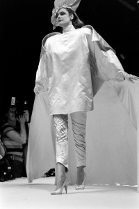 Claude Montana Fall 1984 ready to wear runway show. Model wears Maud Frizon pumps with cone heels.
