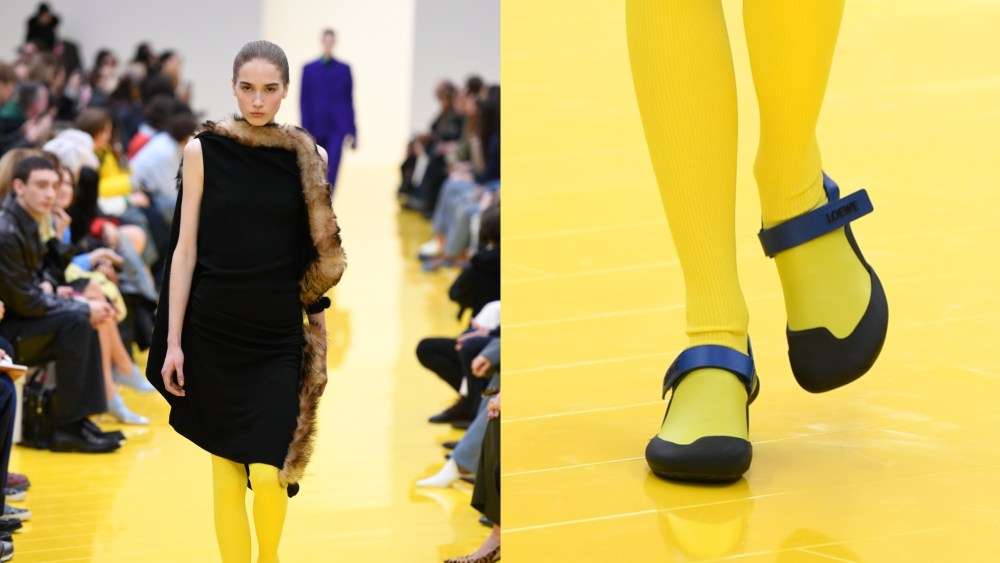 Model on the runway at the Loewe fashion show as part of Paris Fashion Week Fall 2026 held at Esplanade Saint Louis on March 6, 2026 in Paris, France.