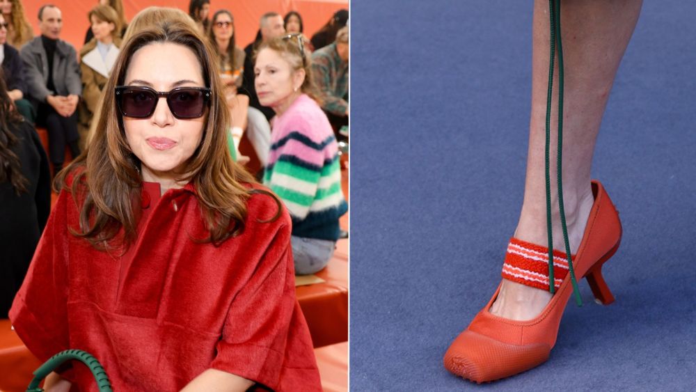 Aubrey Plaza wearing Lacoste Runway Hybrid Heels from the label's spring 2026 show at Lacoste's fall 2026 show during Paris Fashion Week on Sunday.