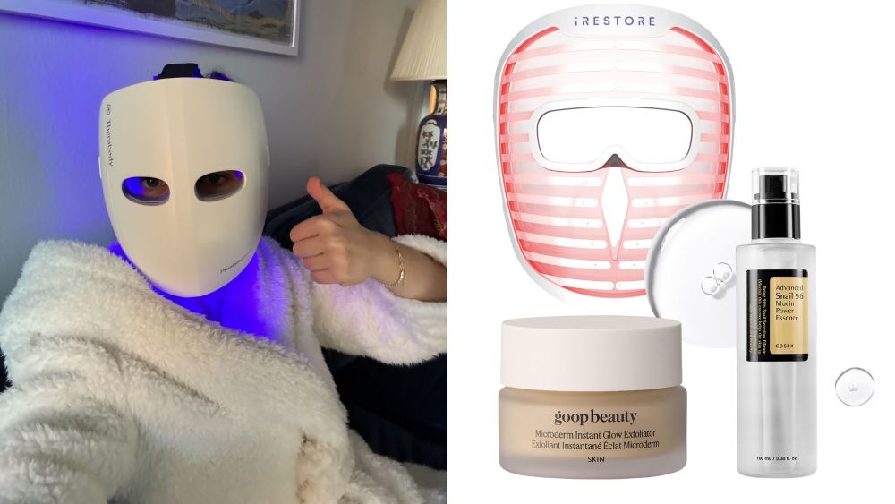 author wearing an LED face mask and a fuzzy white robe; selection of on-sale premium beauty products, including a goop cream and a snail mucin serum, for amazon's big spring sale