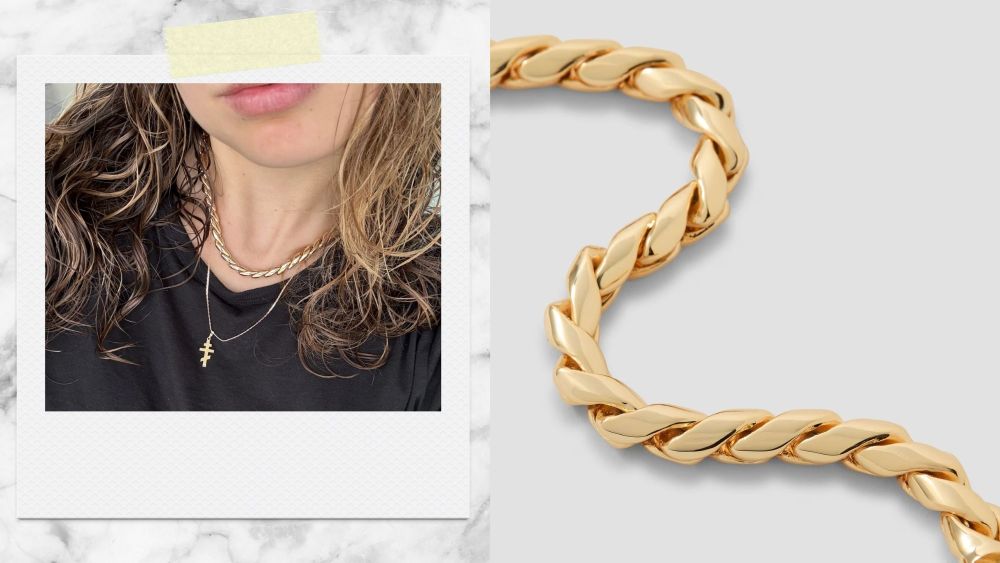 author photo in jennifer fisher's chelsea chain necklace, over a marble-printed background; thick gold necklace for women; best gold necklaces, chains to shop 2026