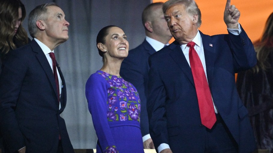 Canadian Prime Minister Mark Carney, Mexican President Claudia Sheinbaum and President Donald Trump on Dec. 5, 2025.