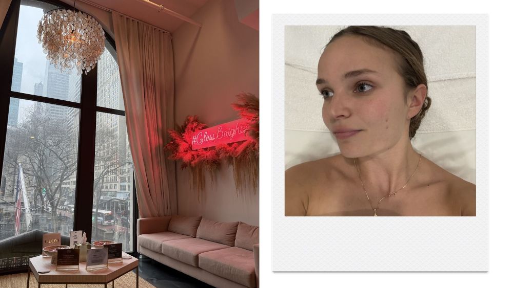inside of joanna vargas' NYC facial studio; writer stacia datskovska's selfie before getting a red carpet facial from vargas