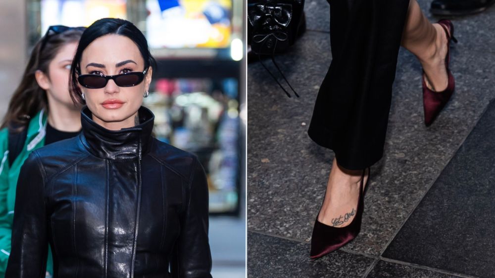 Demi Lovato wearing a pair of burgundy satin slingback pumps while out promoting her book, "One Plate at a Time" on Tuesday in New York City.