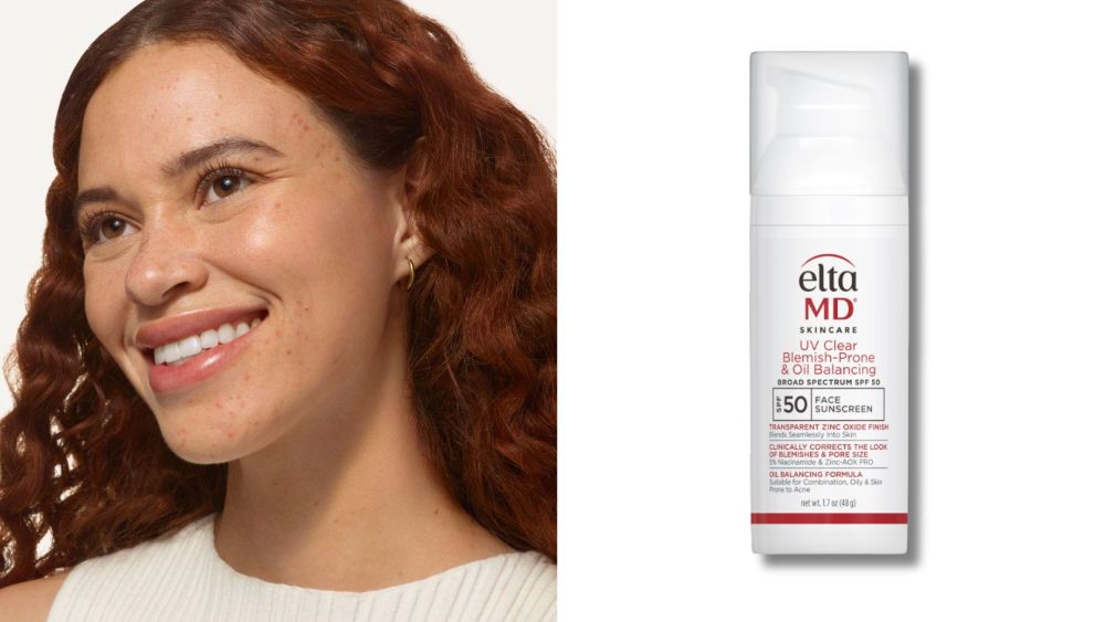 model smiling while looking off to the side; new eltamd uv clear Blemish Prone & Oil Balancing sunscreen over white background