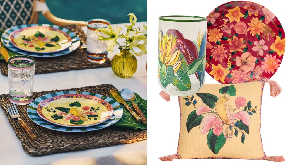 elaborate tablescape featuring tropical-themed plates, woven placemats, and a small bouquet of flowers; a plate, pillow, and water glass from anthropologie x farm rio over a white background