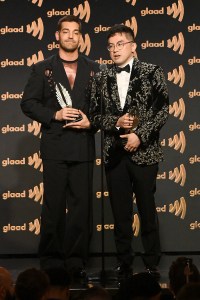 Matt Rogers and Bowen Yang accept the Stephen F. Kolzak Award at the 37th GLAAD Media Awards held at the Beverly Hilton on March 05, 2026 in Beverly Hills, California.