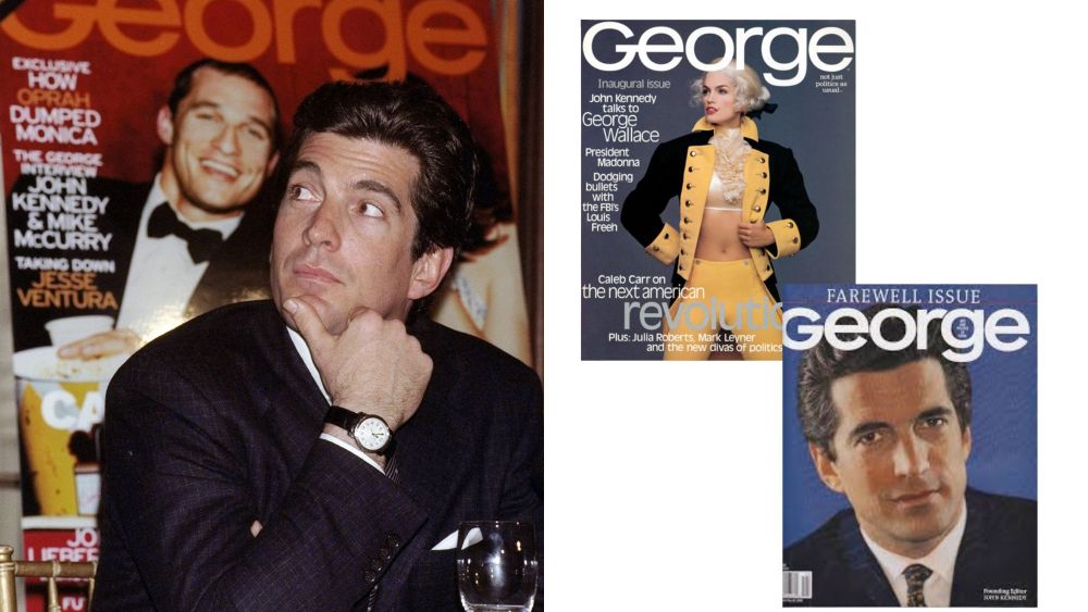 John F. Kennedy Jr., editor of George, posing by a blown-up cover of one of his magazine's issues; two George covers, including a farewell issue published after JFK Jr.'s death