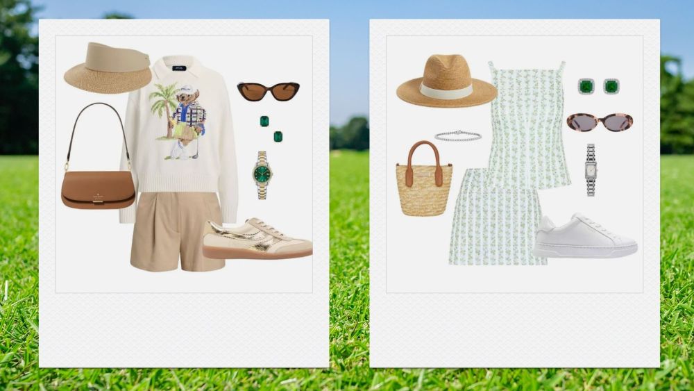 two women's golf tournament outfit edits overlaid on a background of a golf course; what to wear to the masters tournament 2026