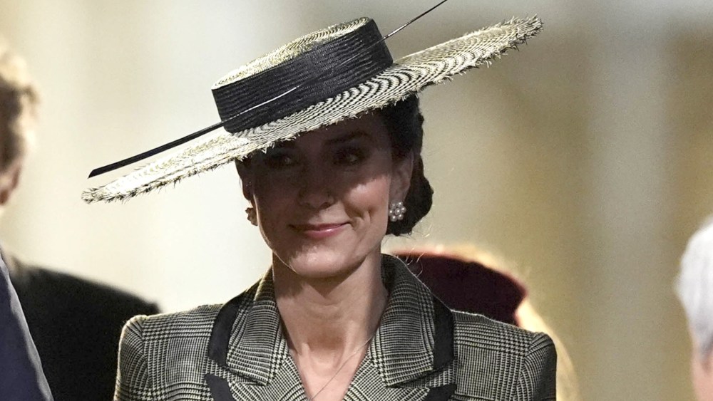 Kate Middleton wears Suzannah London for the Enthronement Ceremony installing Dame Sarah Mullally as the 106th Archbishop of Canterbury at Canterbury Cathedral on March 25 in Canterbury, United Kingdom.