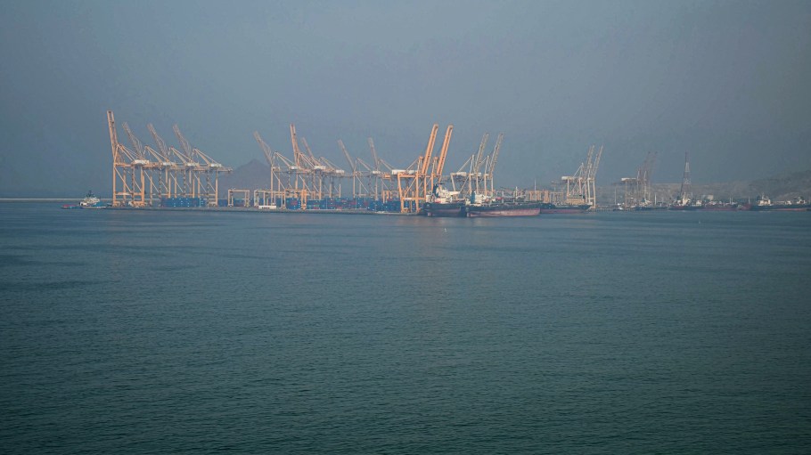 Tankers are seen at the Khor Fakkan Container Terminal, the only natural deep-sea port in the region, along the Strait of Hormuz.