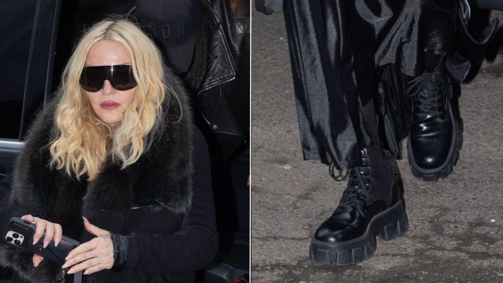 Madonna wore Prada Monolith brushed leather and Re-Nylon boots while out in Milan during Fashion Week on Sunday.