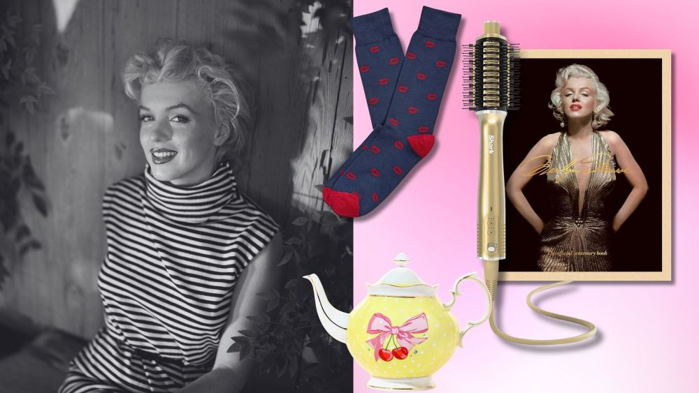 American actress Marilyn Monroe photographed in 1954; a compilation of Marilyn Monroe–themed products over an ombre pink background