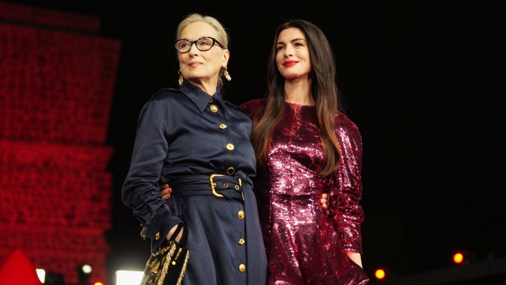Meryl Streep wears Schiaparelli and Anne Hathaway wears Stella McCartney at the red carpet for the movie 'The Devil Wears Prada 2' on March 30, 2026 in Mexico City.