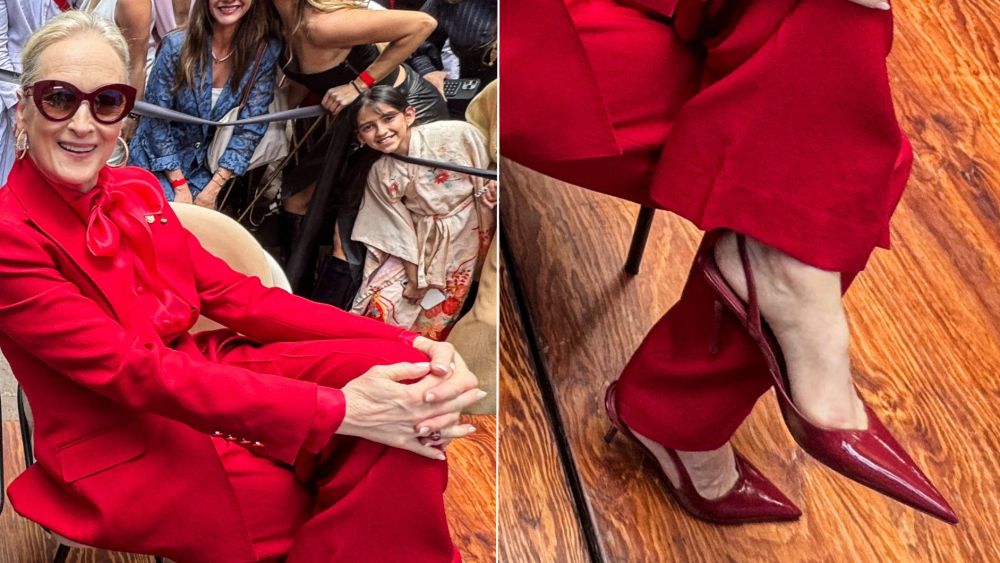 Meryl Streep wearing a pair of Aldo's Amilie High Heel Slingback in Medium Red at "The Devil Wears Prada 2" press conference at Casa Azul in Mexico City on Monday.