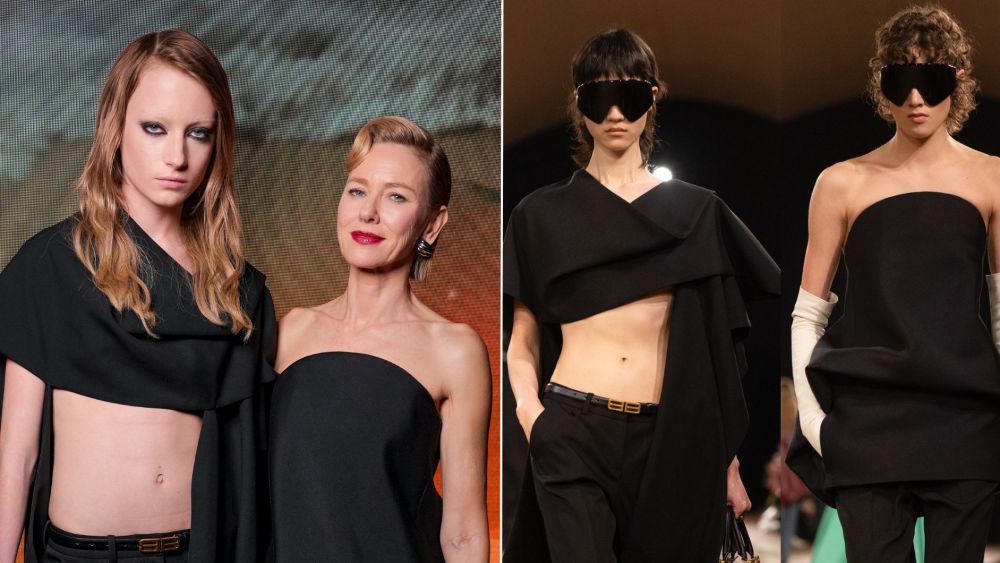 Kai Schreiber, left, and her mom, Naomi Watts, in coordinating spring 2026 Balenciaga looks at the house's fall 2026 show during Paris Fashion Week on Saturday.