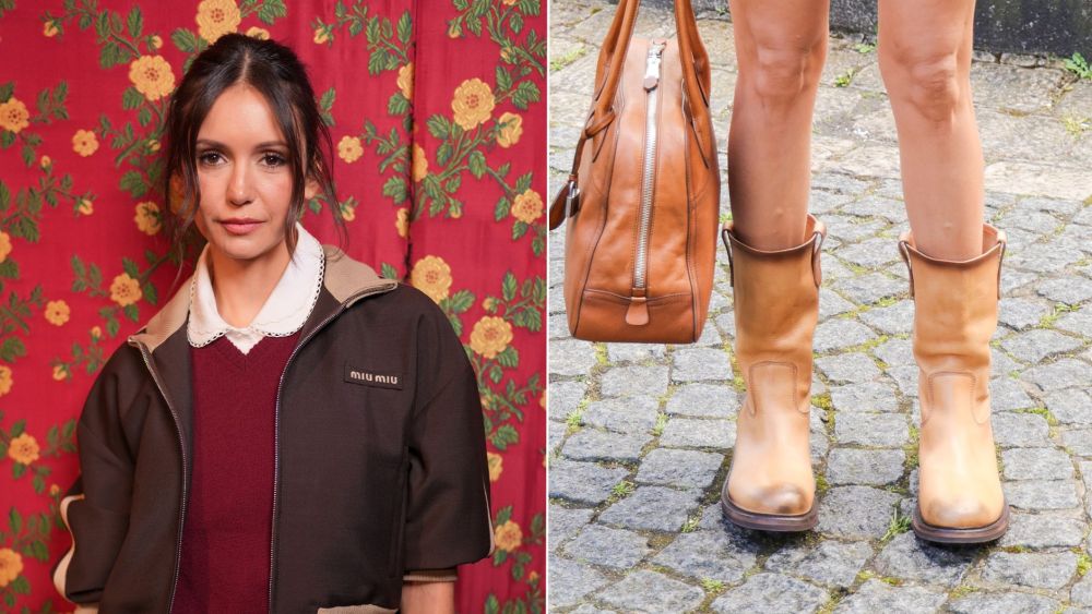 Nina Dobrev wearing Miu Miu's Foule Booties at the brand's fall 2026 presentation as part of Paris Fashion Week on Tuesday.