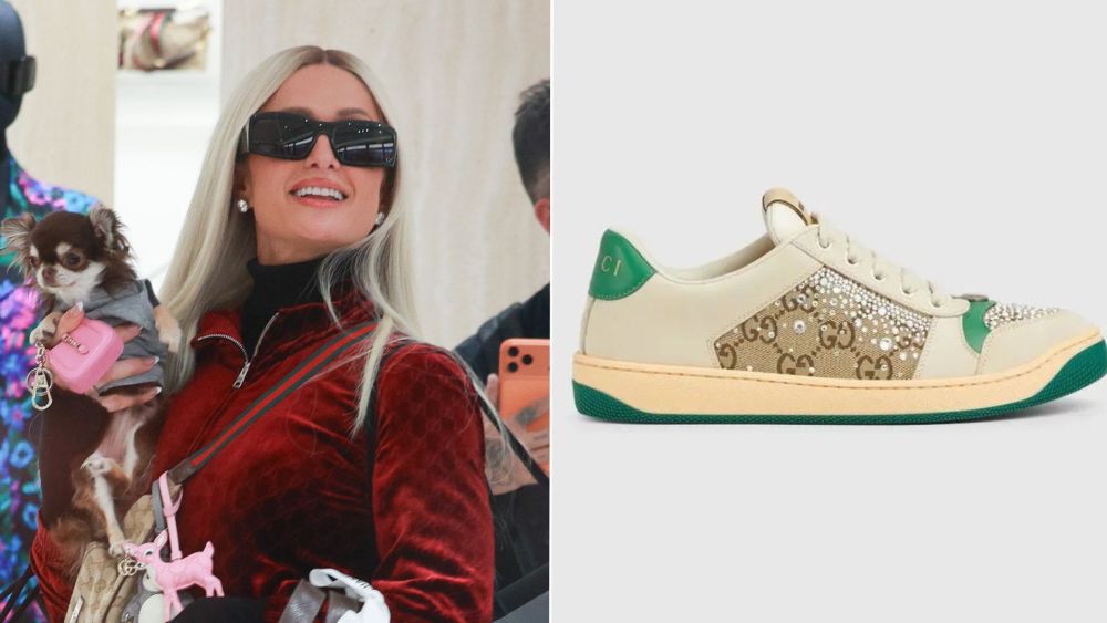 Paris Hilton wore Gucci's GG Crystal Screener Sneakers while shopping at the label's Milan boutique on Sunday with her dog Iconic.