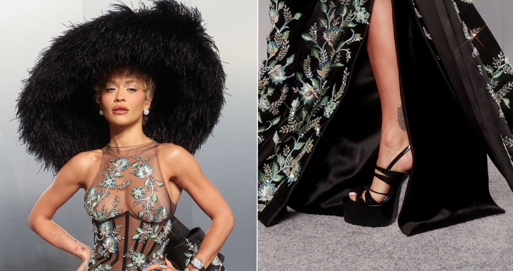 Rita Ora Balances Sheer Embroidery With Sky-high D’Accori Platforms at the Vanity Fair Oscars Party