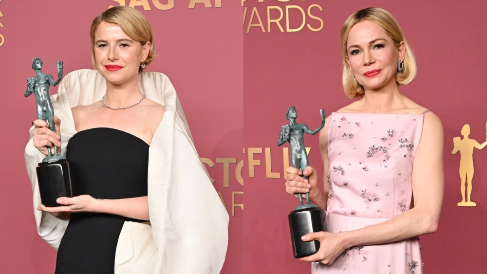 Jessie Buckley in Balenciaga, Michelle Williams in Prada at the 2026 SAG Actor Awards.
