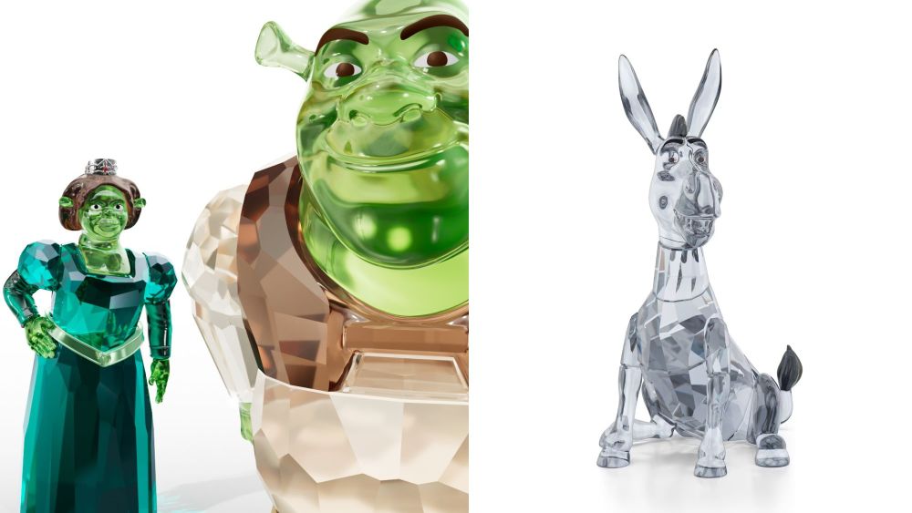 shrek and fiona figurines out of crystal, as part of swarovski's new shrek home collection; shrek's donkey in crystal form