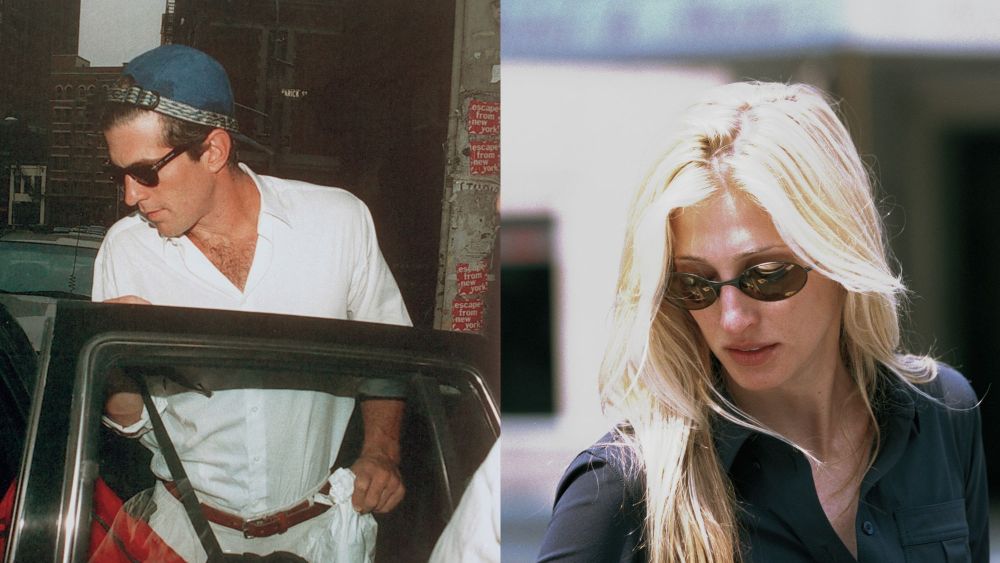 john f kennedy jr and carolyn bessette kennedy shown in different settings while wearing their signature sunglasses styles