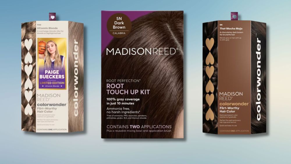 three madison reed hair coloring kits overlaid on an ombre background of blue and white; best hair color kits at ulta