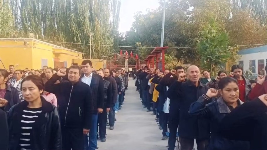 Monday morning flag-raising ceremony in Urushkey Village where Zhang was stationed. Screenshots taken by the witness from a propaganda video produced in 2023 by the local government work team.