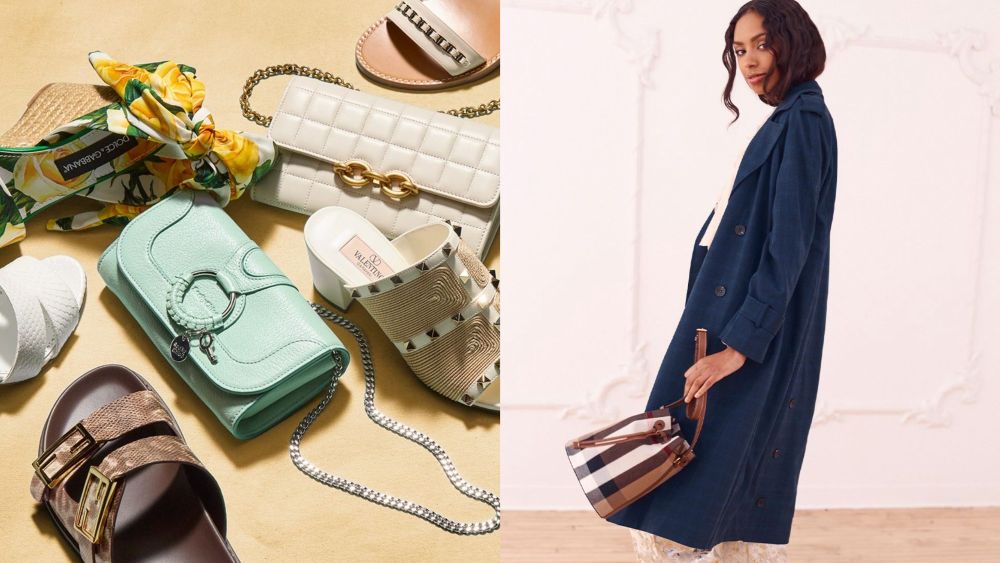 heels, mules, bags, and other accessories for spring scattered on the floor; woman wearing a long coat while holding a bag and looking at the camera