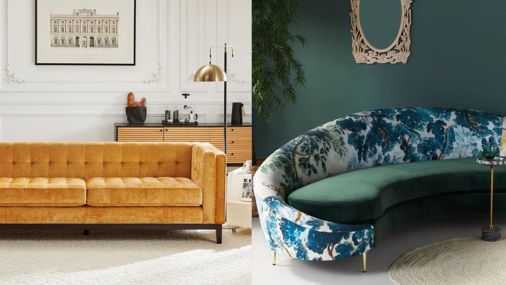 yellow sofa standing in a living room with a painting of a building behind it; anthropologie curved, painted sofa in a room with a green wall; where to buy a sofa online in 2026