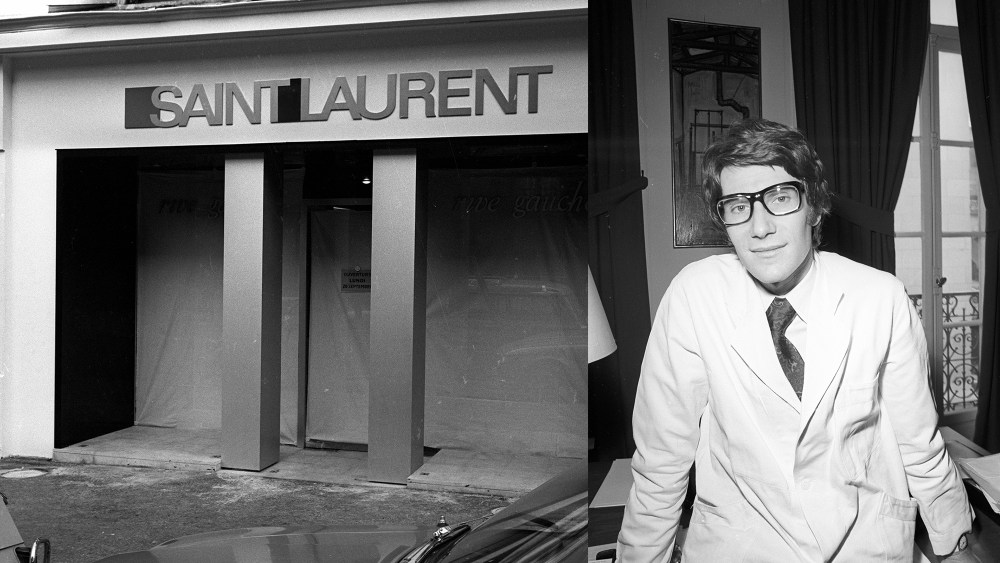 Saint Laurent Rive Gauche boutique exterior, 1966 and portrait of Yves Saint Laurent 1968.