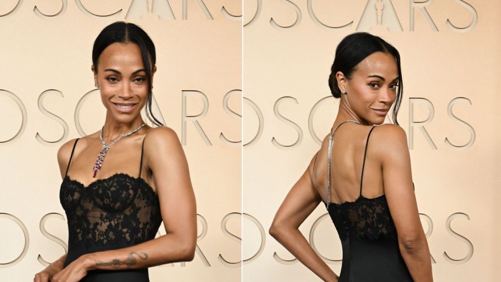 Zoe Saldaña wears Saint Laurent by Anthony Vaccarello dress on the 2026 Oscars red carpet on Sunday.